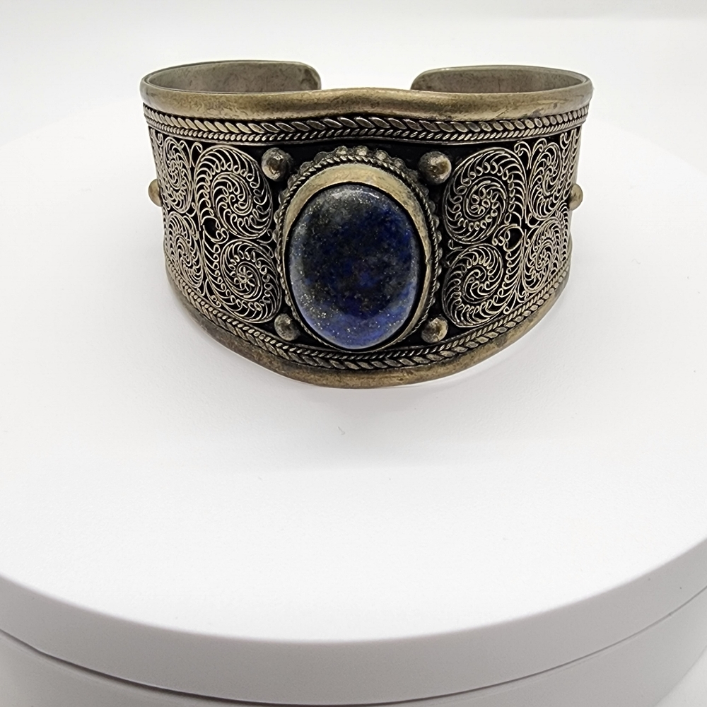 Vintage Lapis Lazuli Stone Old Brass  Decorative Cuff Bracelet - Picture 4 of 14